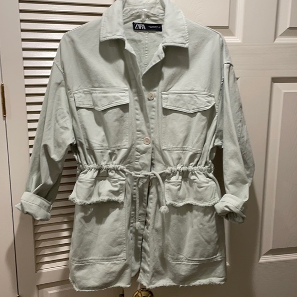 Zara denim oversized jacket w waist tie in green NWOT - Picture 4 of 17